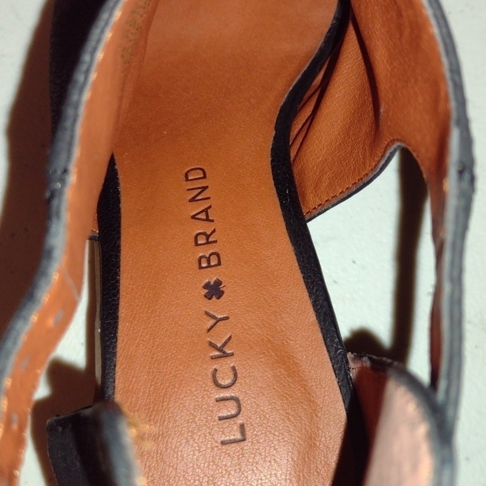 Lucky Brand Barimo Black Leather Cutout Chunk Stacked Heel Peeptoe Shoes size6.5 - Picture 5 of 13